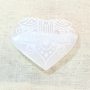 Heart Etched Selenite Palm Stone