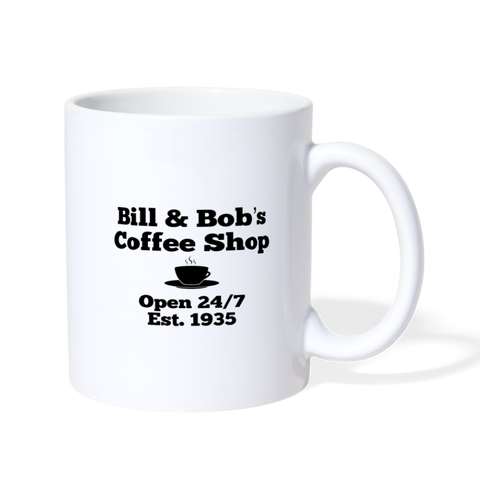 Bill & Bob's Coffee Shop Open 24/7 Est. 1935 Coffee/Tea Mug - white