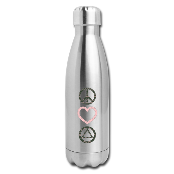 Peace, Love, & AA Insulated Stainless Steel Water Bottle - silver