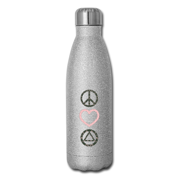 Peace, Love, & AA Insulated Stainless Steel Water Bottle - silver glitter